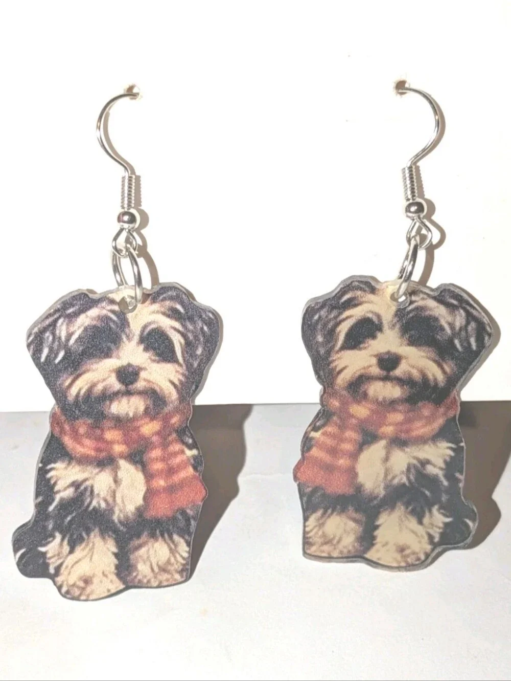 Hand Crafted Black, Cream and Orange Dog Scarf Drop Earrings